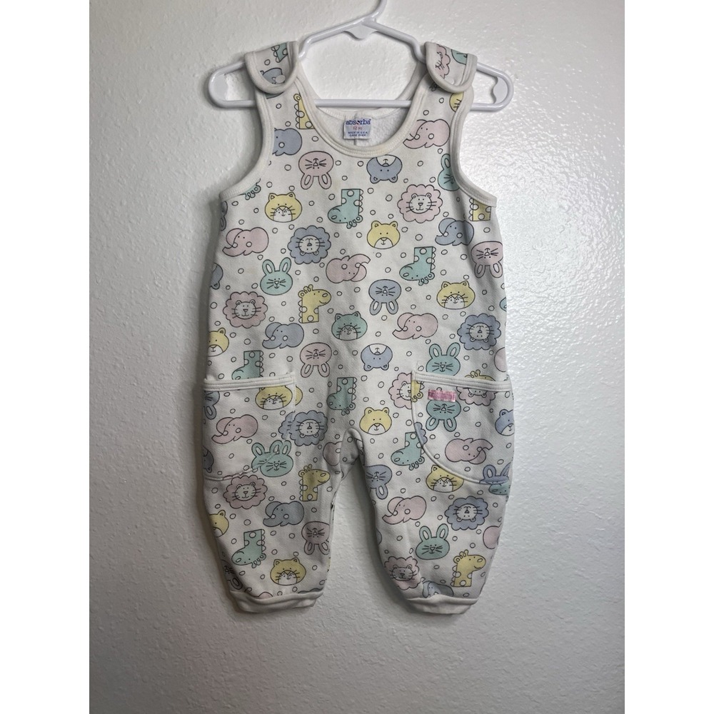 Vintage Absorba Overalls Romper One Piece Sweatsuit Pastel Animals Size 12M